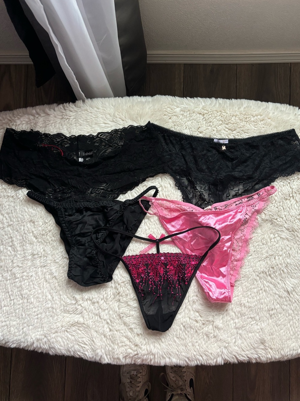 Mixed Brands Black and Pink Lace and Silk Thong Panties Bundle Size XL